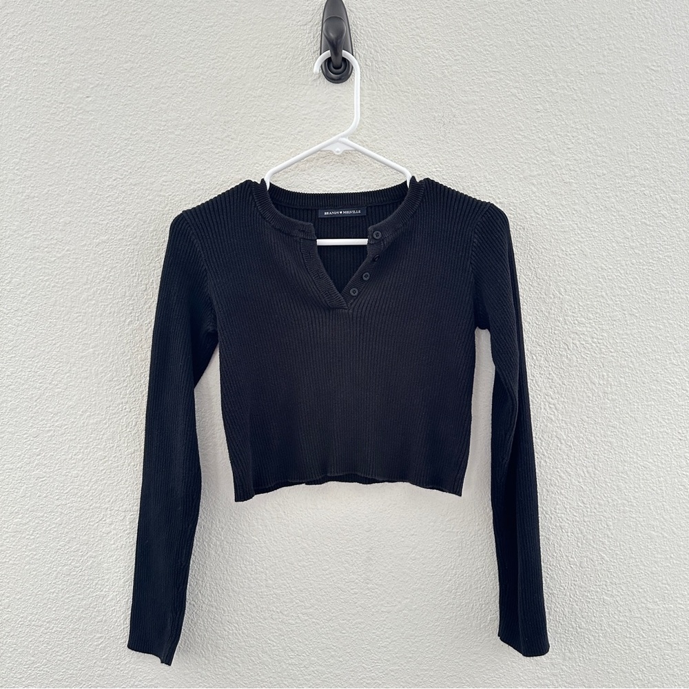Brandy Melville Black Waffle Cropped Long Sleeve Ribbed Top‎ Normcore OS